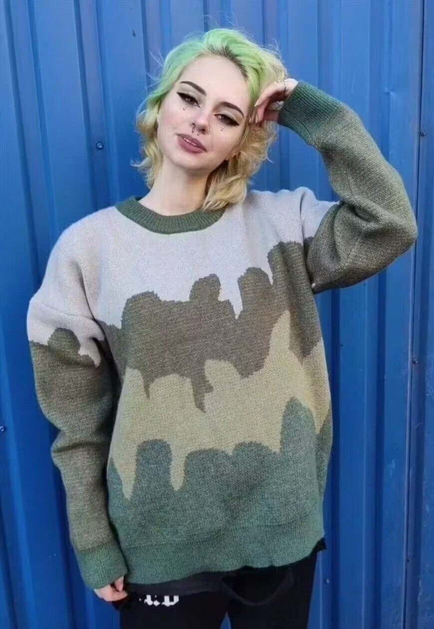 Abstract print sweater earth knitted camo jumper green