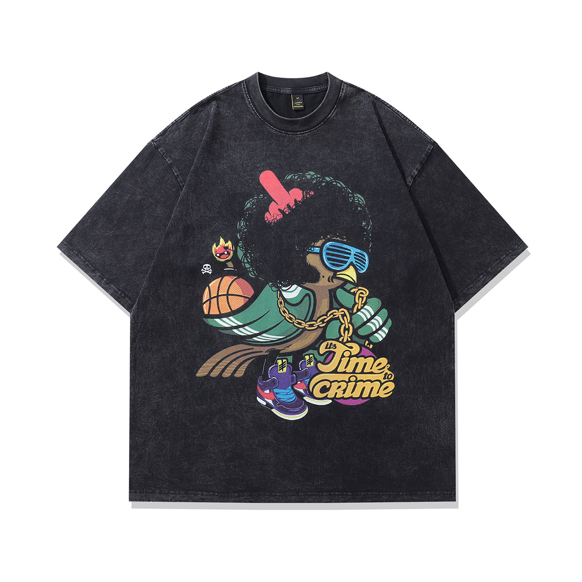 Hip-hop t-shirt gangster cartoon print tee retro rapper top in vintage grey