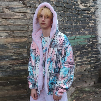 Pastel bandana bomber reversible handmade fleece jacket pink