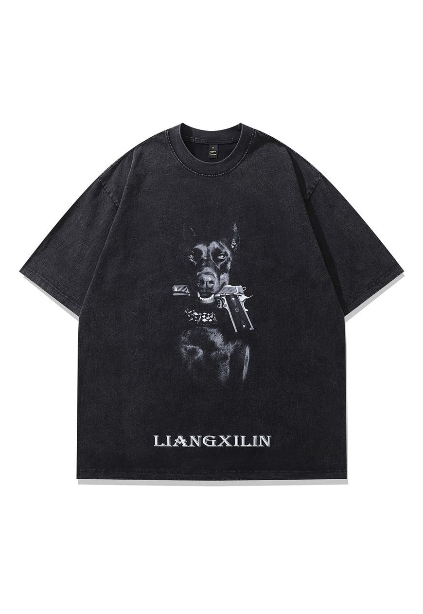 Doberman t-shirt Pinscher tee dog print top in vintage grey