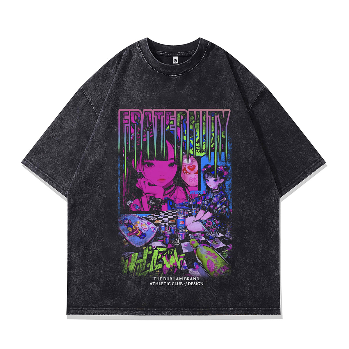 Cute anime girl t-shirt Japanese cartoon tee fraternity slogan top in vintage grey