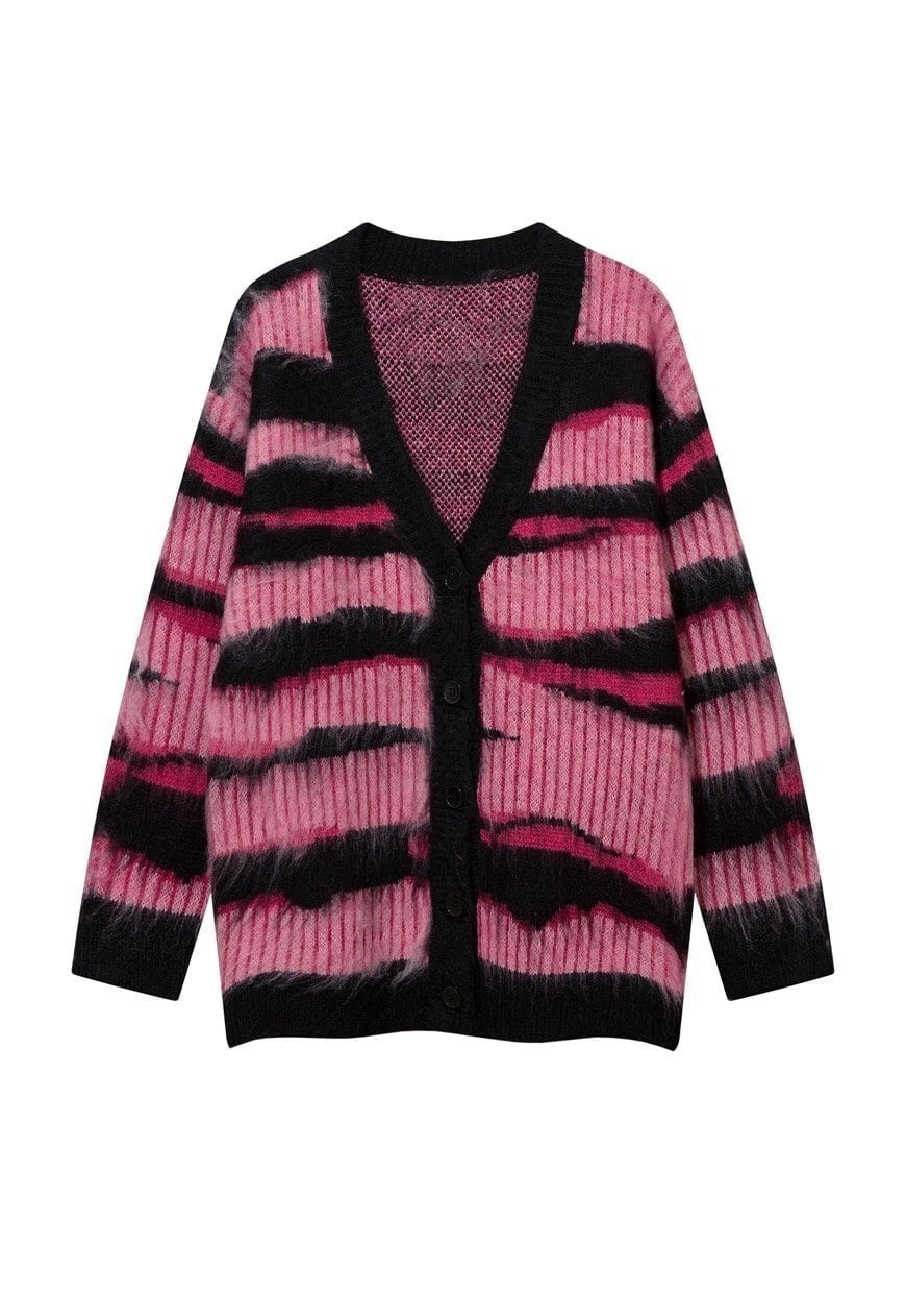 Fluffy striped cardigan fuzzy zebra jumper knitted top pink