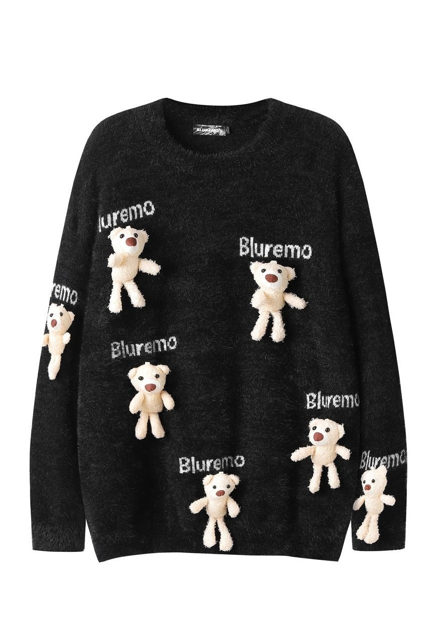 Teddy sweater bear patch jumper knitted Kawaii top in black