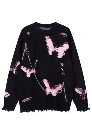 Ripped gothic sweater shredded butterfly pattern jumper grey