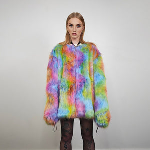 Rainbow faux fur jacket collarless tropical coat bright raver bomber fluffy carnival fleece luminous festival pullover burning man overcoat