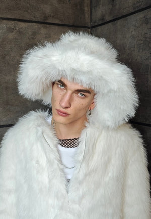 Faux fur bucket hat oversize long hair fisherman cap white