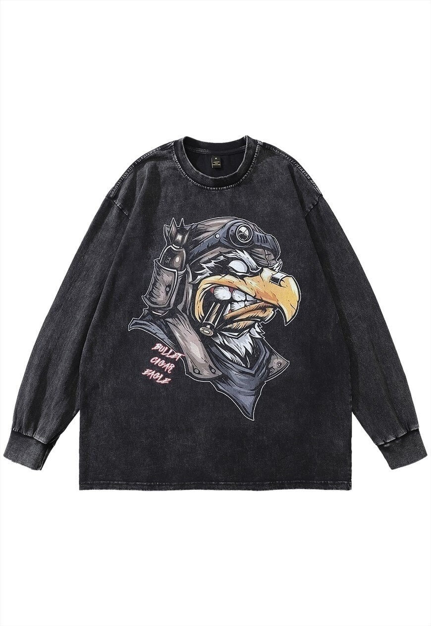 Eagle t-shirt vintage wash aviator print long tee retro top