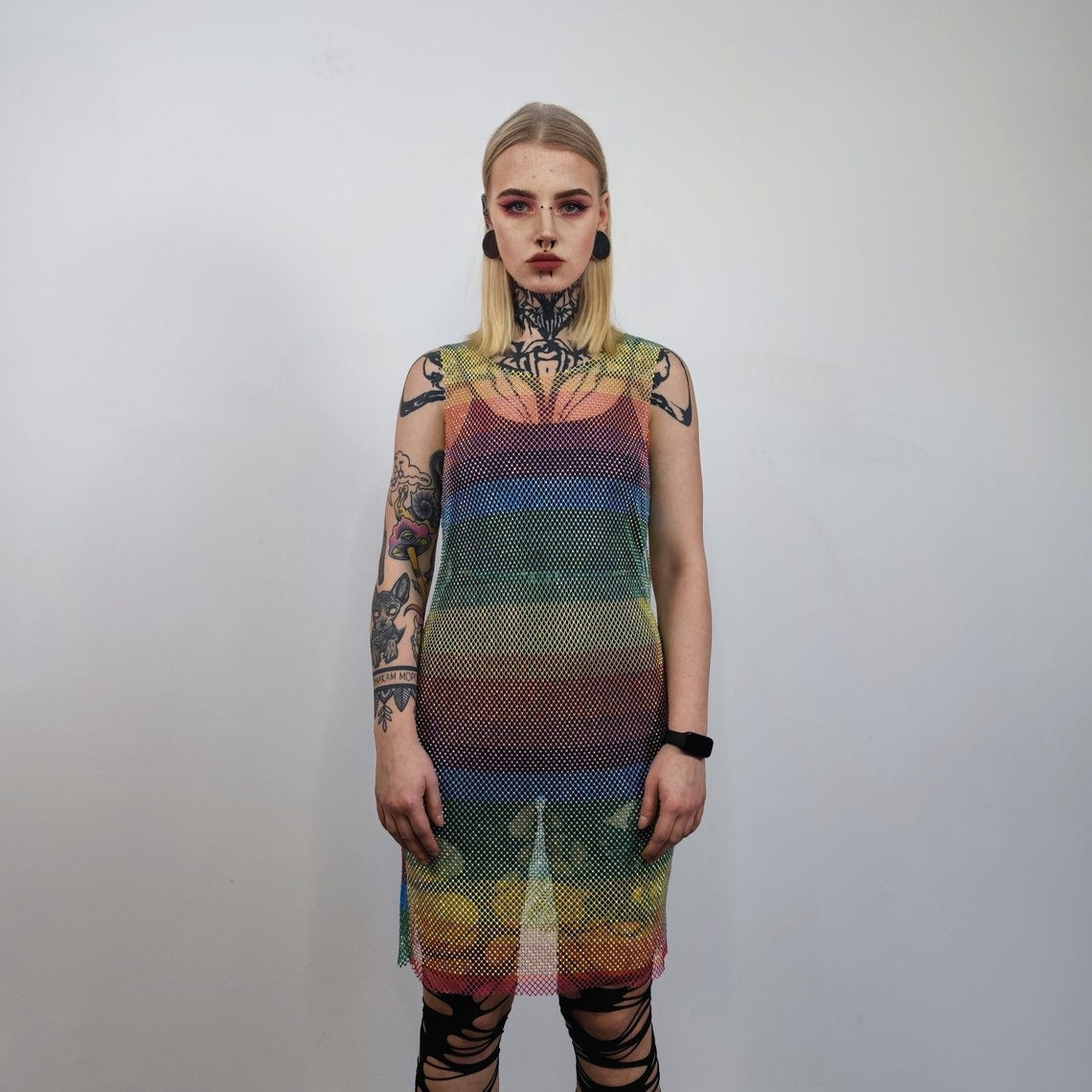 Transparent rainbow dress sleeveless Gay pride mesh gown LGBT rhinestone sundress see-through embellished frock party sheath diamante blouse