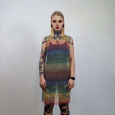 Transparent rainbow dress sleeveless Gay pride mesh gown LGBT rhinestone sundress see-through embellished frock party sheath diamante blouse