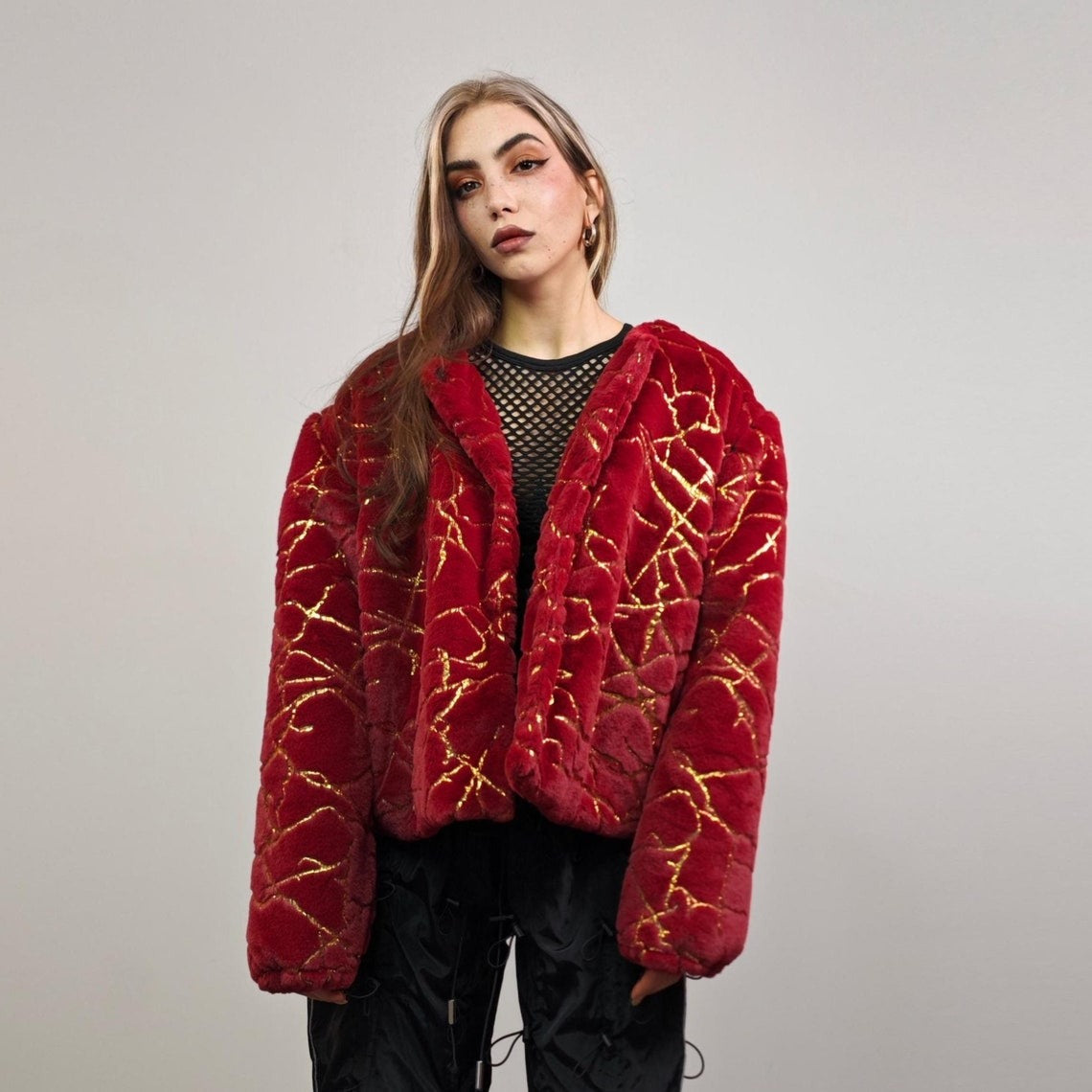 Collarless going out coat red gold glitter trench shiny embellished fleece jacket detachable sleeves handmade party overcoat festival set