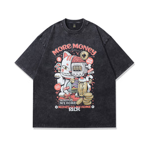 Maneki neko t-shirt money manifestation tee Y2k cat cartoon top in vintage grey