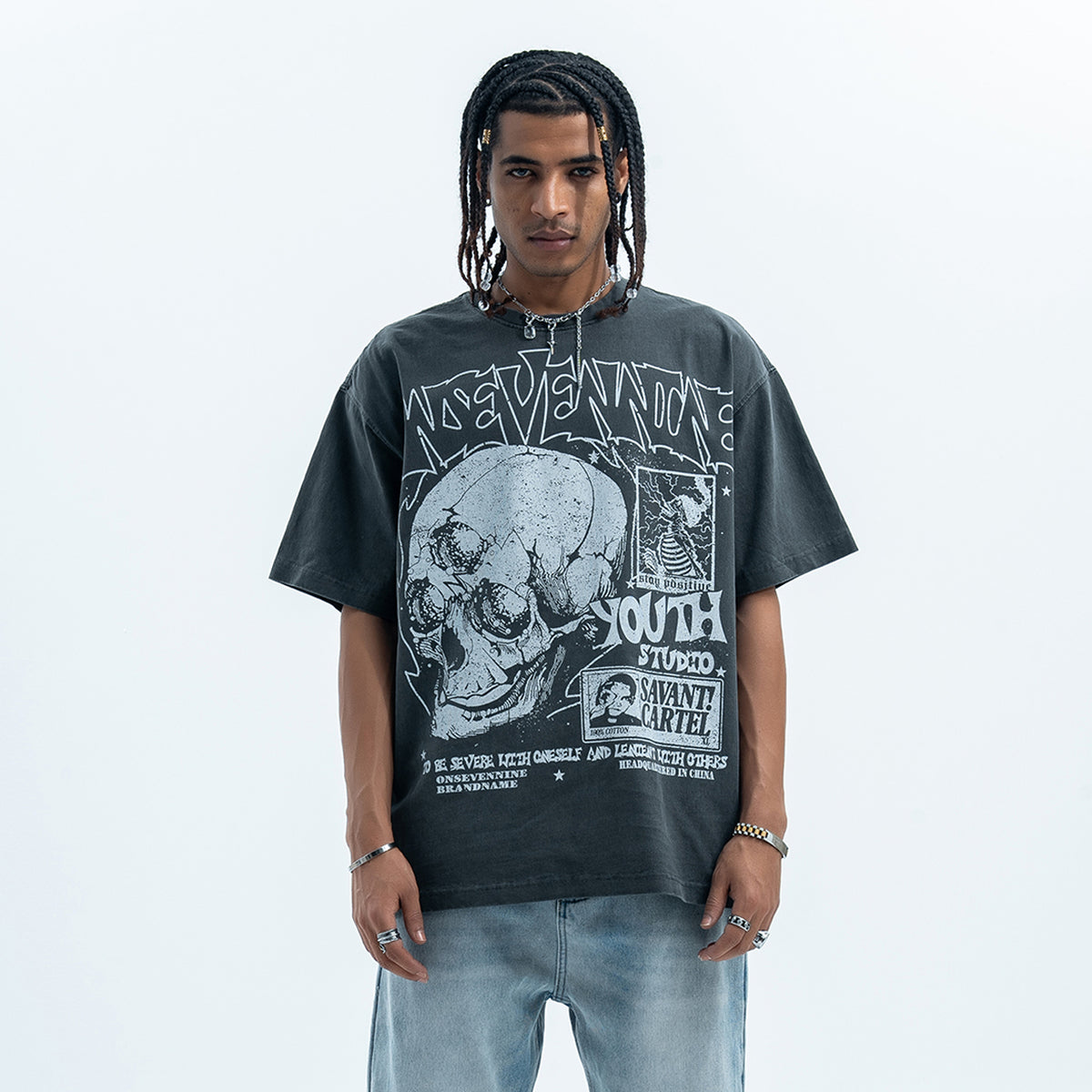 Skull print t-shirt punk top grunge skeleton tee graffiti jumper in grey