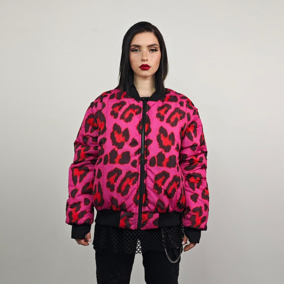Leopard jacket neon pink animal print bomber reversible cheetah college varsity detachable sleeves handmade rave puffer grunge festival coat