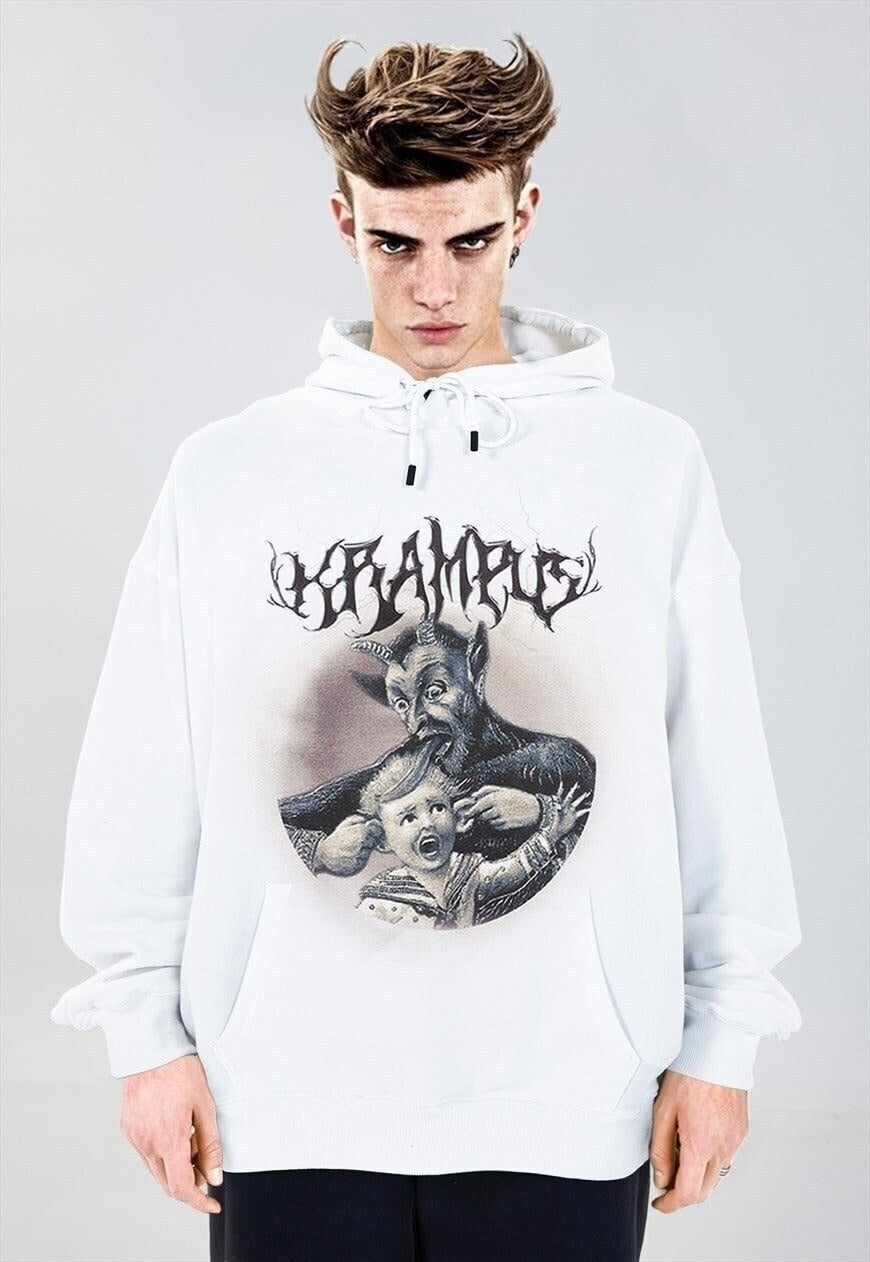 Krampus hoodie grunge pullover horror monster top in white