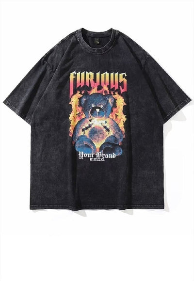 Furious slogan t-shirt punk teddy tee in vintage wash grey