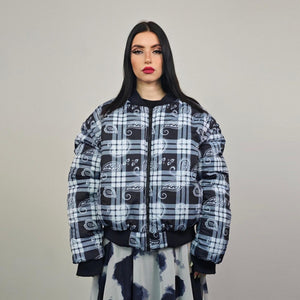 Paisley print bomber black white check jacket plaid reversible bandanna pattern college varsity detachable sleeves handmade tartan coat