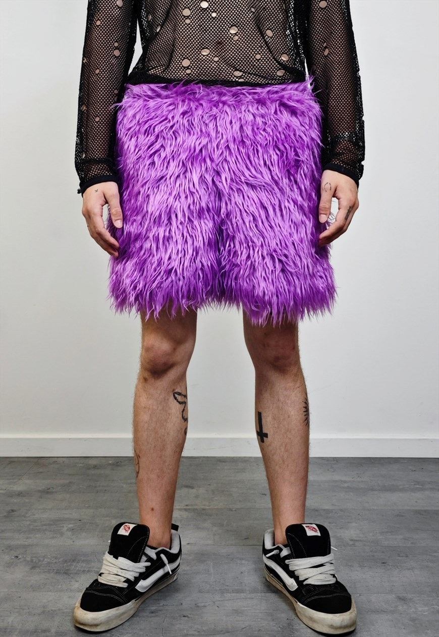 Faux fur shorts purple shaggy cropped pants raver joggers