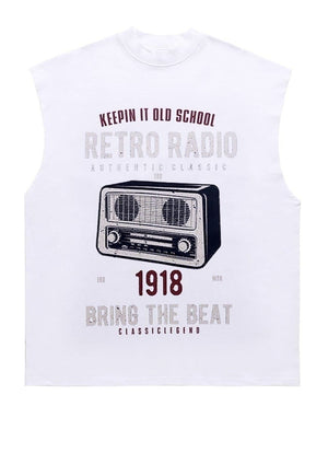 Radio print sleeveless t-shirt retro tank top surfer vest