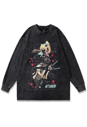 Anime t-shirt cyber Japanese cartoon long tee retro top grey