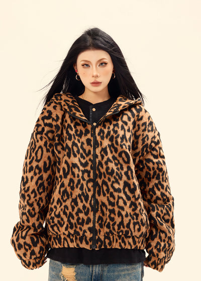 Animal print fleece leopard jacket fluffy brown bomber