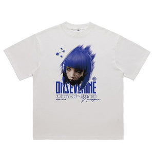 Blue hair t-shirt Anime top retro raver jumper cyberpunk tee cyber girl jumper in white