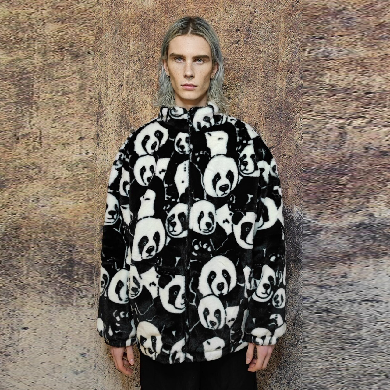 Panda fleece jacket animal print fluffy retro bomber black