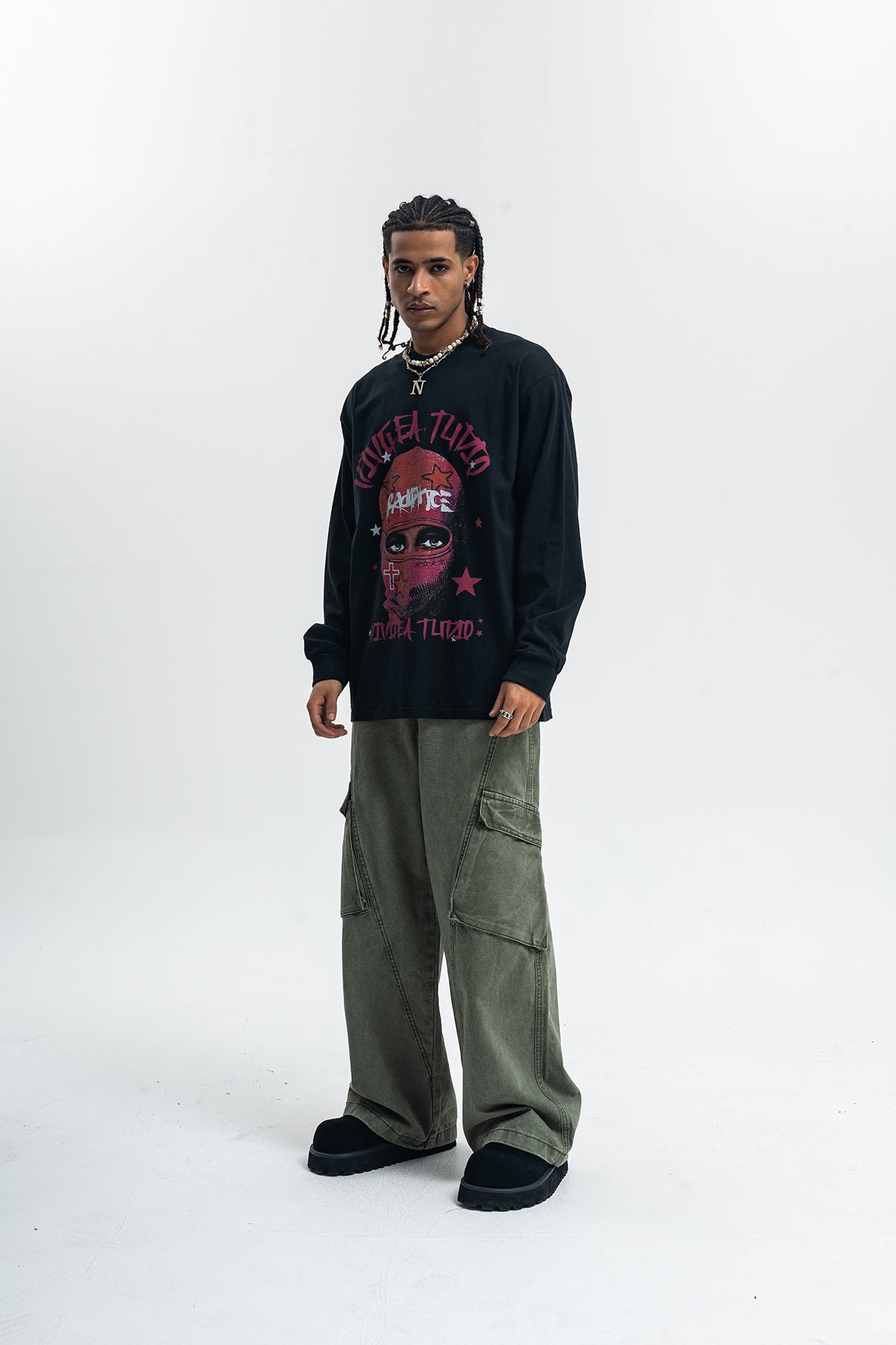 Balaclava print long sleeve top ganster t-shirt hip-hop jumper in white