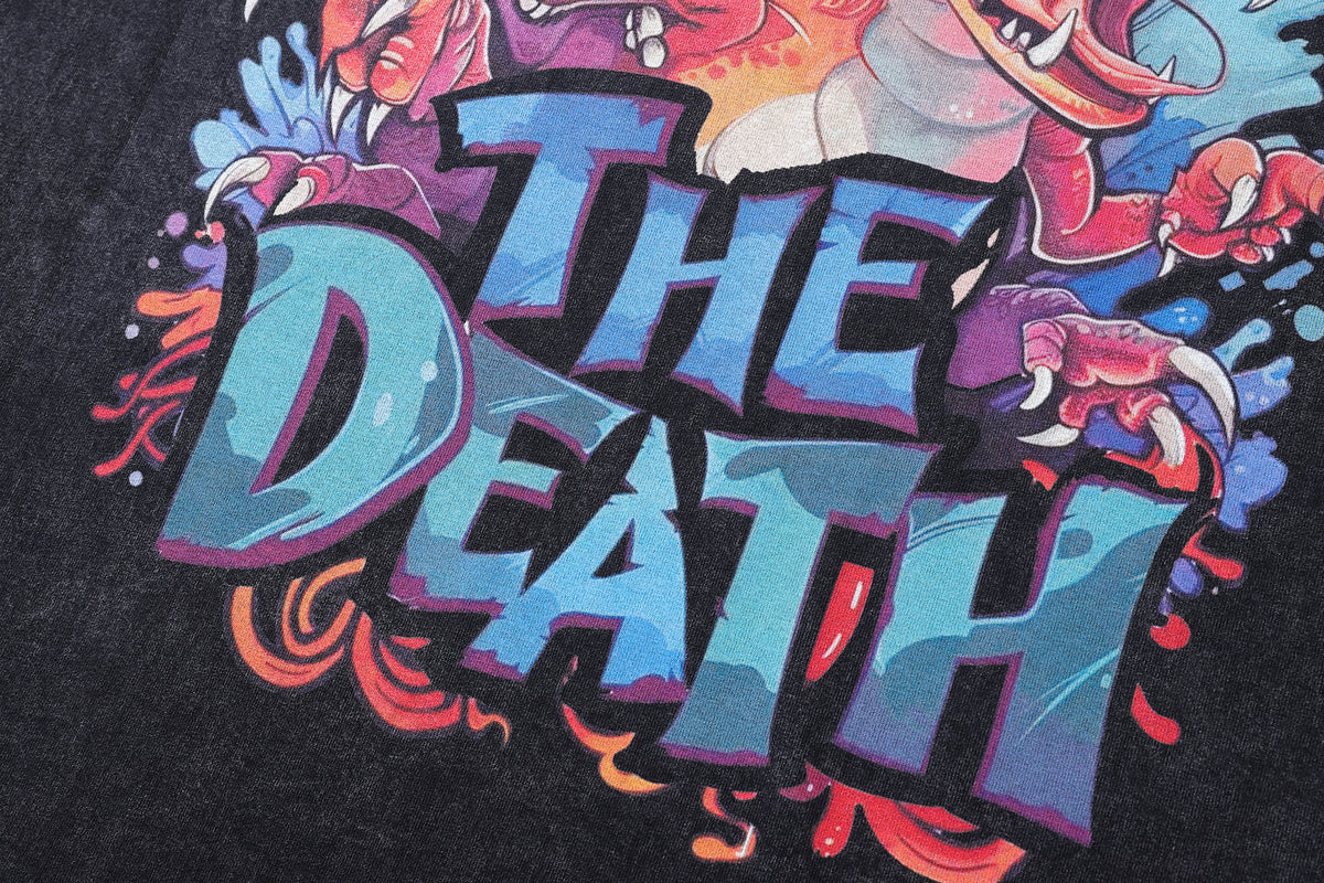 Dragon cartoon t-shirt death slogan tee retro monster top in vintage grey