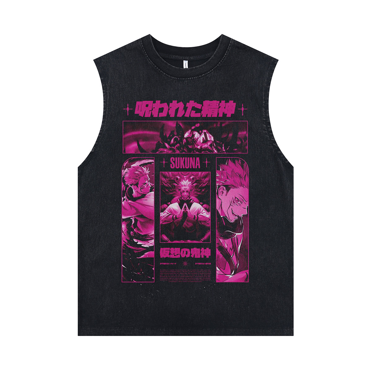 Sukuna anime sleeveless t-shirt vintage Japanese vest retro cartoon tank top in acid wash black
