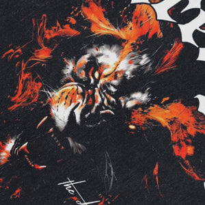 Lion print sleeveless t-shirt animal cartoon surfer vest 90s strenght slogan tank top in acid wash black