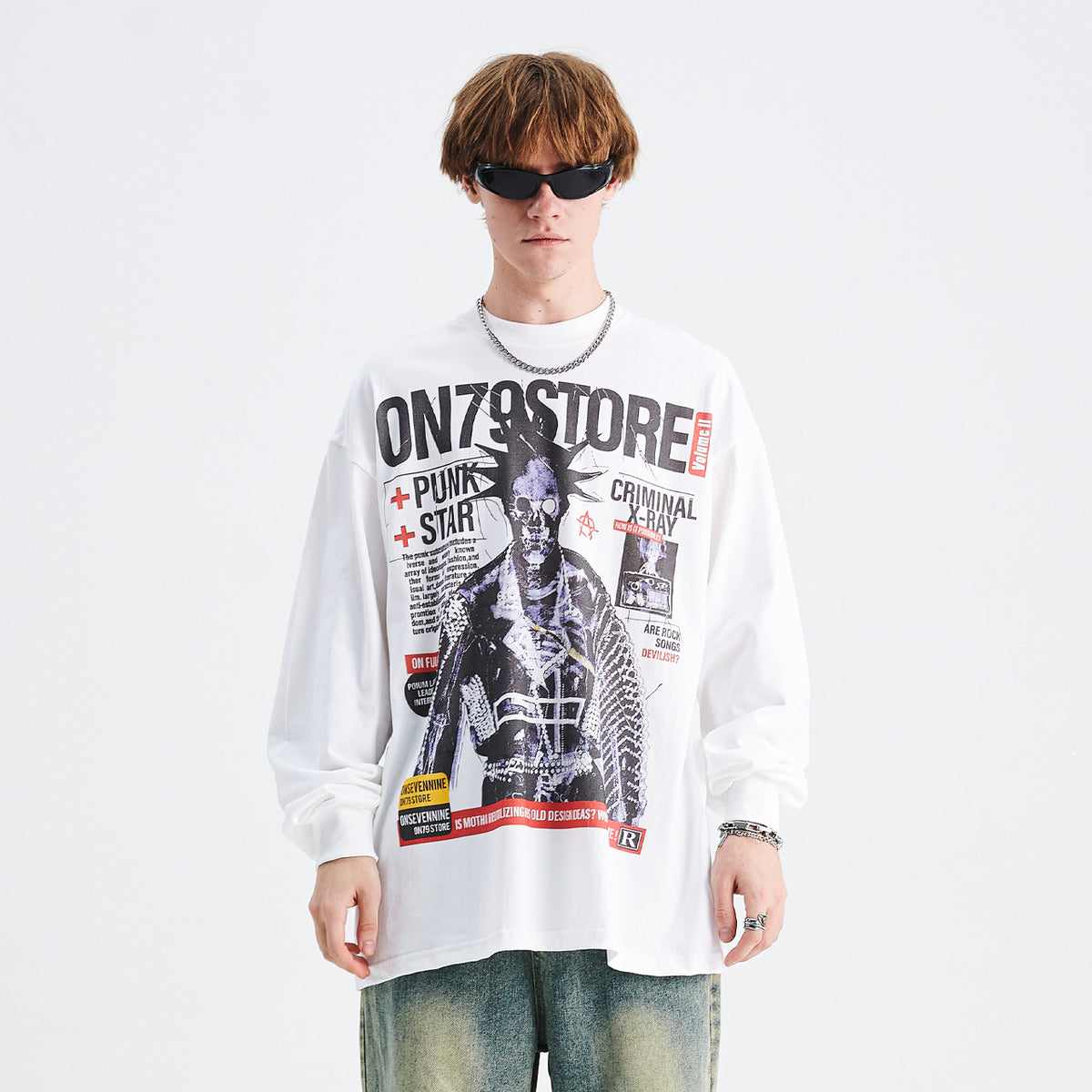 Y2k punk jumper 80s rocker top long sleeve psychedelic raver t-shirt in white