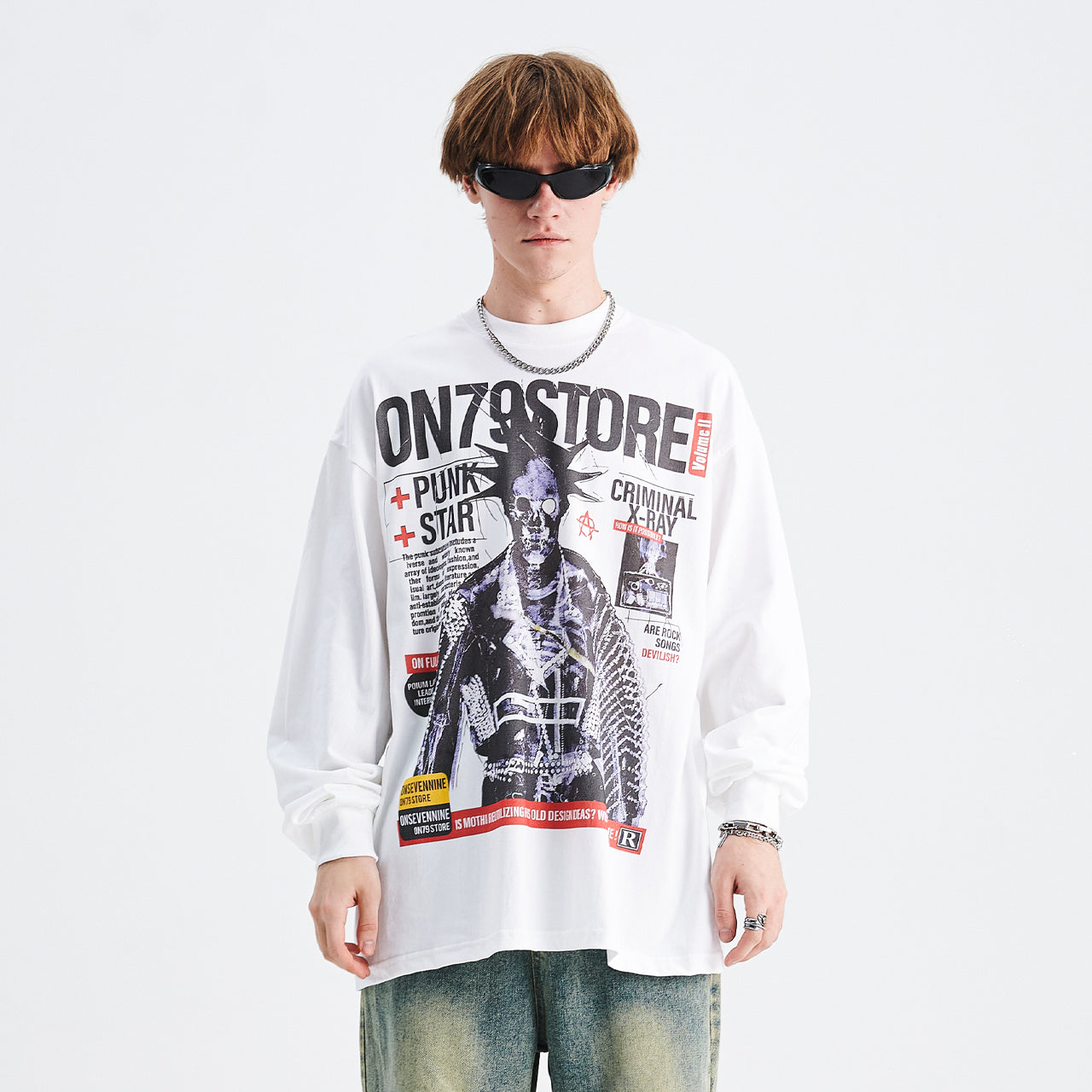 Y2k punk jumper 80s rocker top long sleeve psychedelic raver t-shirt in white