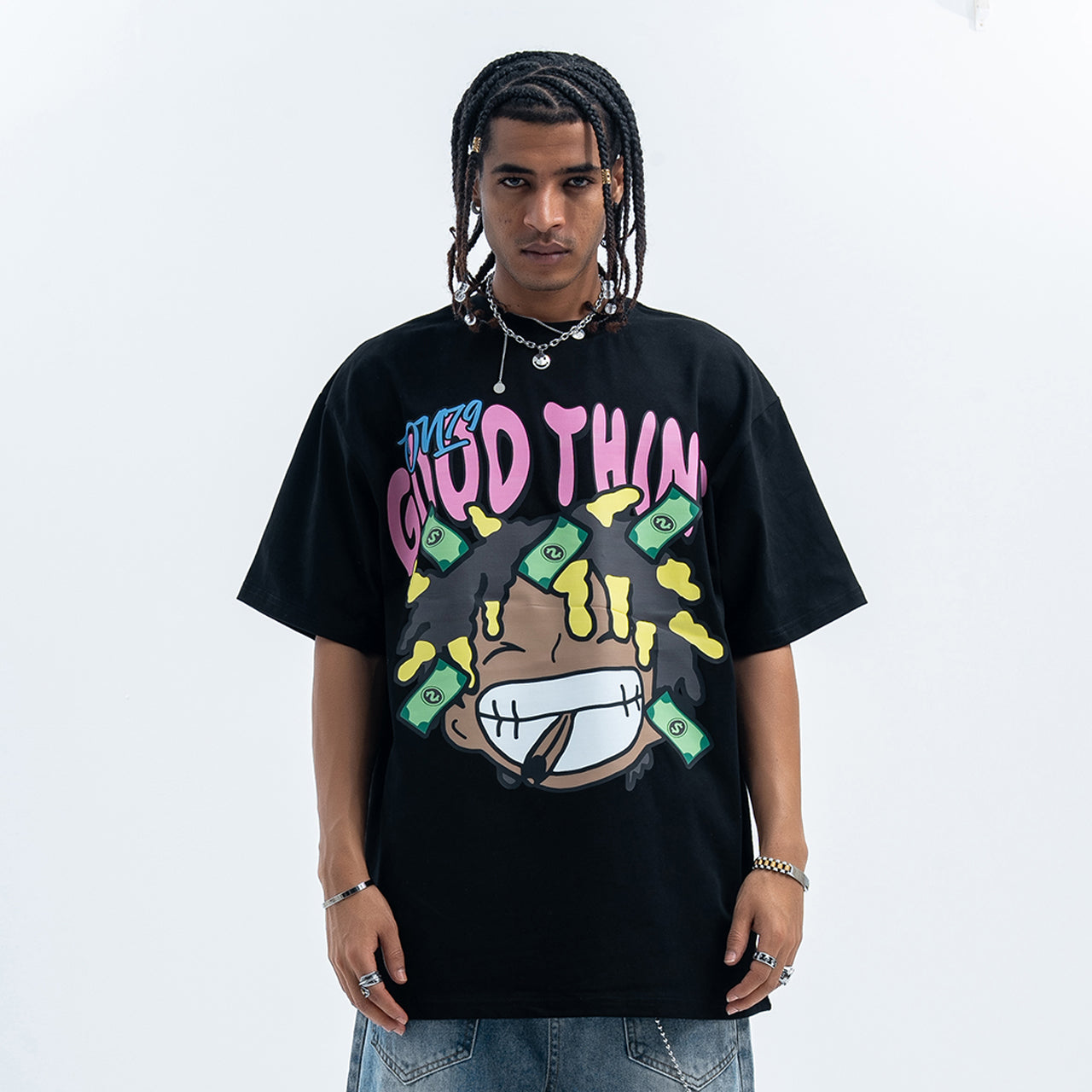 Hip-hop t-shirt rapper top money print tee Black