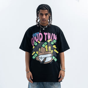 Hip-hop t-shirt rapper top money print tee Brown