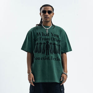 Psychedelic slogan t-shirt retro slogan top human print tee in grey