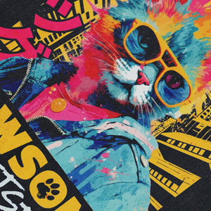 Cool cat print sleeveless t-shirt Japanese cartoon vest 80s retro poster tank top in acid wash black