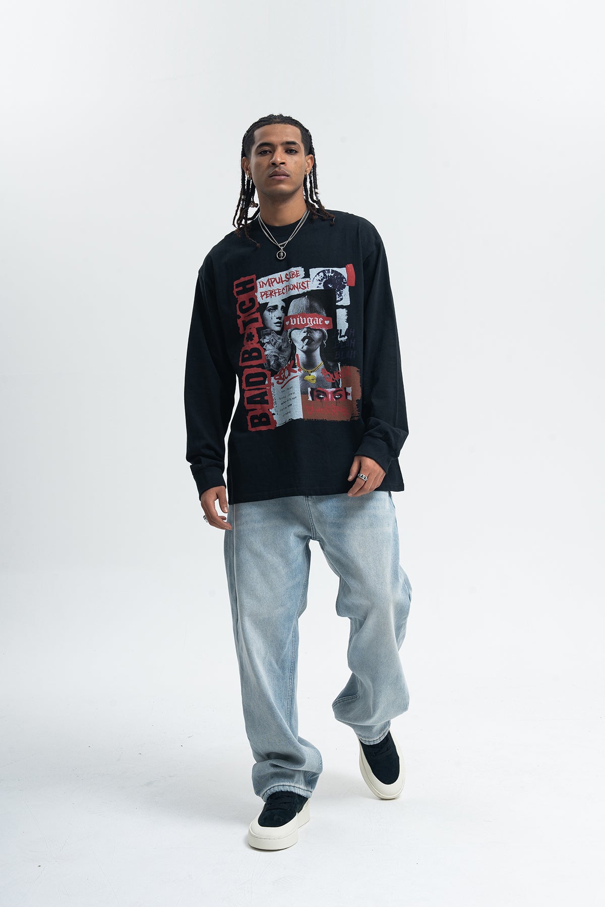 Bad bitch slogan top long sleeve raver tee grunge graffiti t-shirt in black