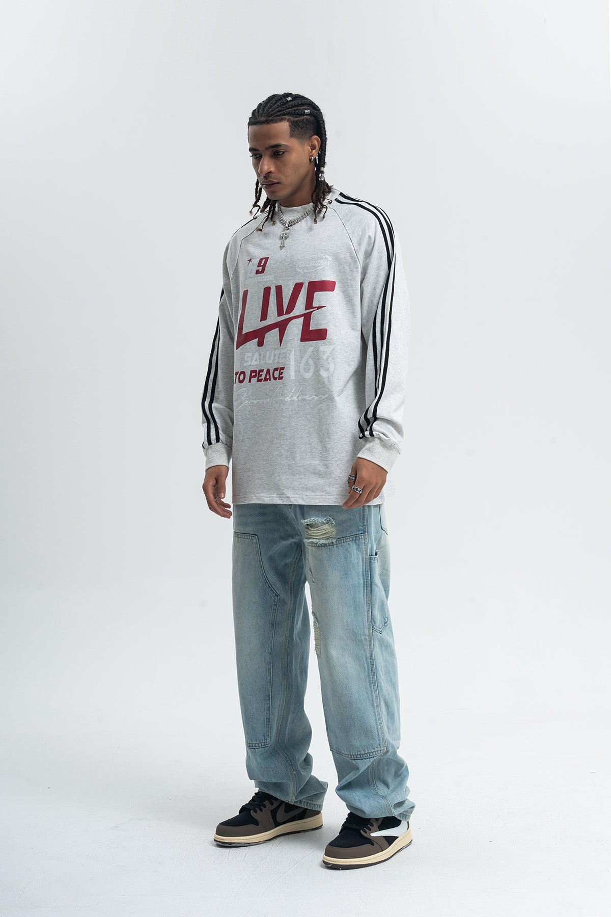 Peace slogan jumper long sleeve anti war top striped grunge t-shirt in black