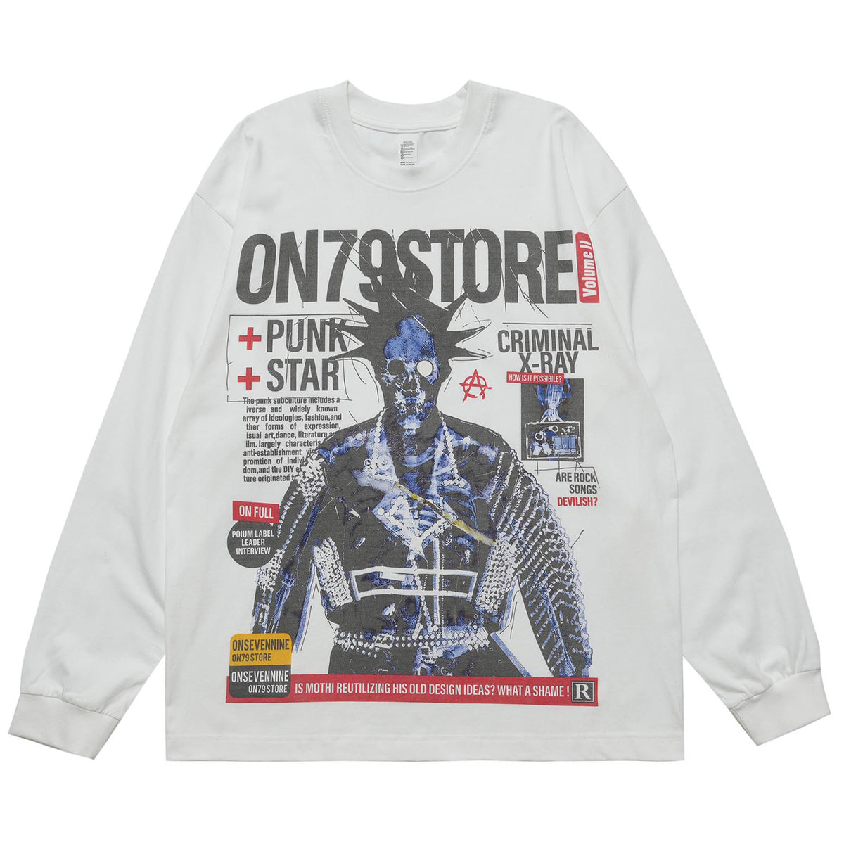 Y2k punk jumper 80s rocker top long sleeve psychedelic raver t-shirt in white