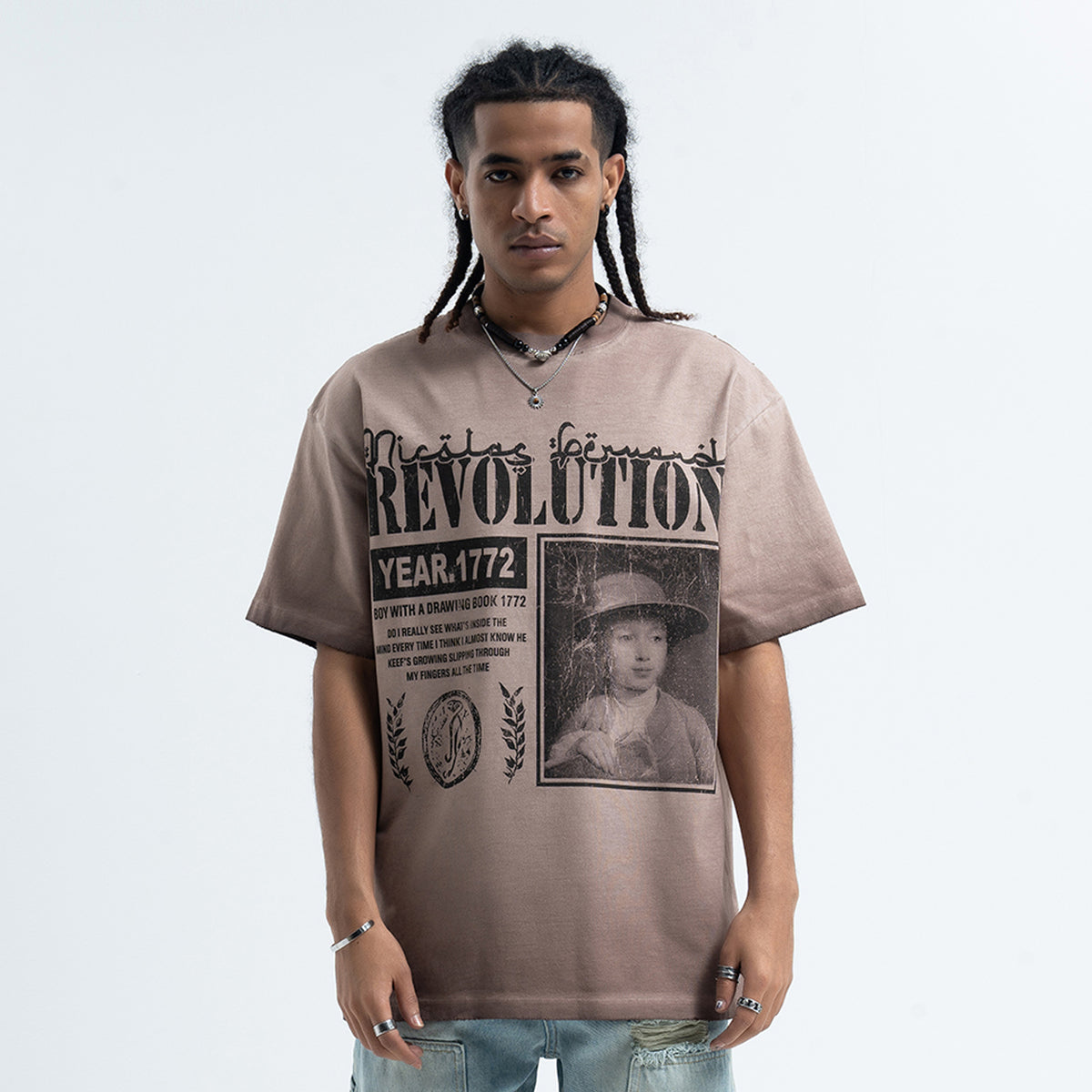 Wild West t-shirt revolution slogan top grunge American tee in beige