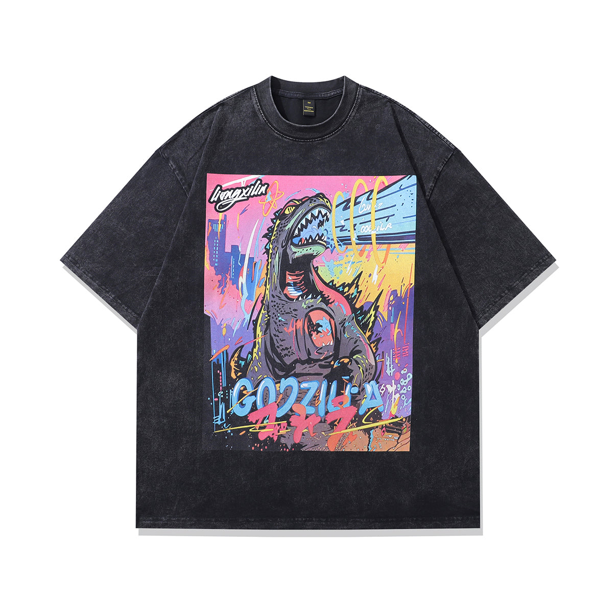 Godzilla t-shirt monster print tee y2k cartoon top in vintage grey