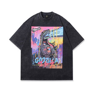 Godzilla t-shirt monster print tee y2k cartoon top in vintage grey