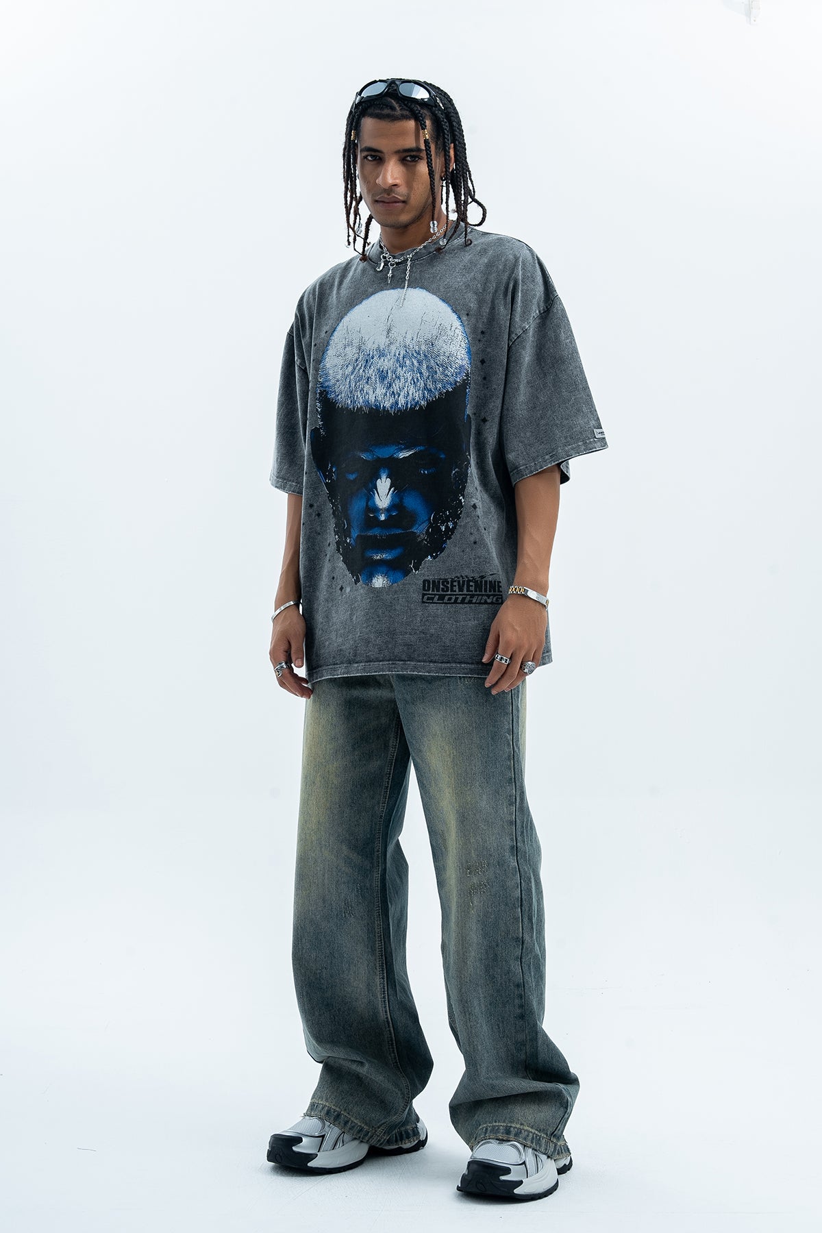 Cyberpunk t-shirt creepy psychedelic top man print tee in blue