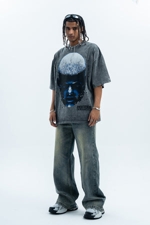 Cyberpunk t-shirt creepy psychedelic top man print tee in blue