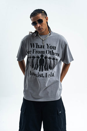 Psychedelic slogan t-shirt retro slogan top human print tee in grey