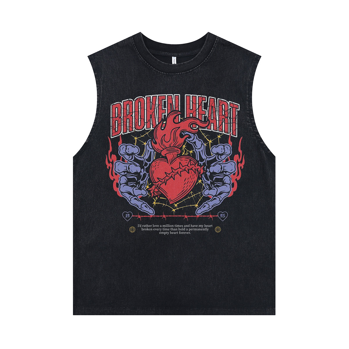 Broken heart sleeveless t-shirt tattoo print surfer vest 90s rocker tank top in acid wash black