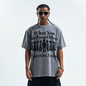 Psychedelic slogan t-shirt retro slogan top human print tee in grey