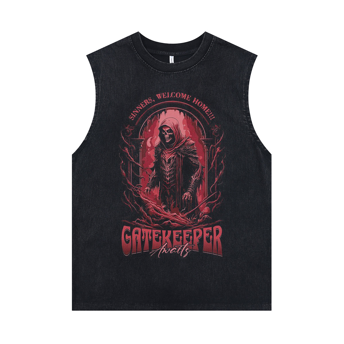 Creepy skeleton sleeveless t-shirt skull print surfer vest gate keeper slogan tank top in acid wash black
