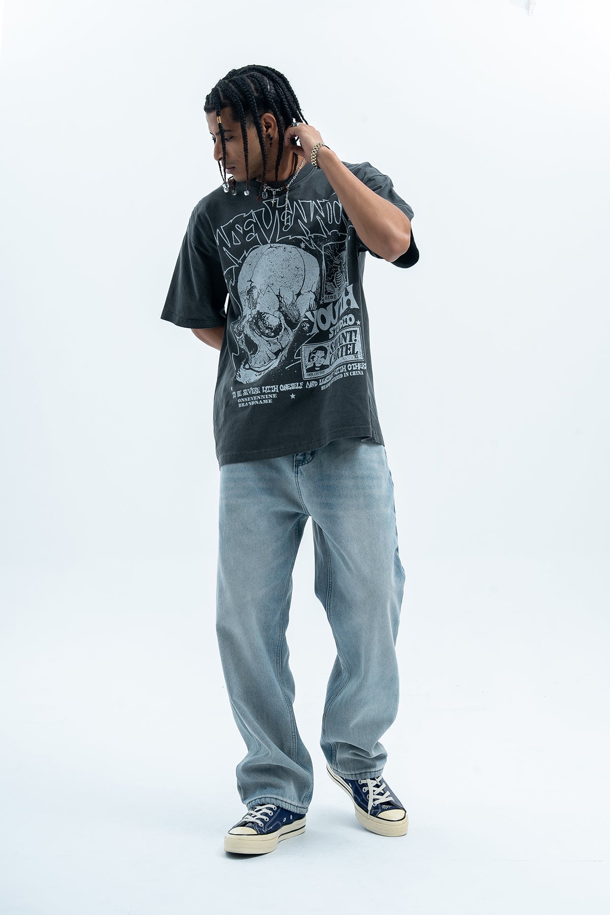 Skull print t-shirt punk top grunge skeleton tee graffiti jumper in grey