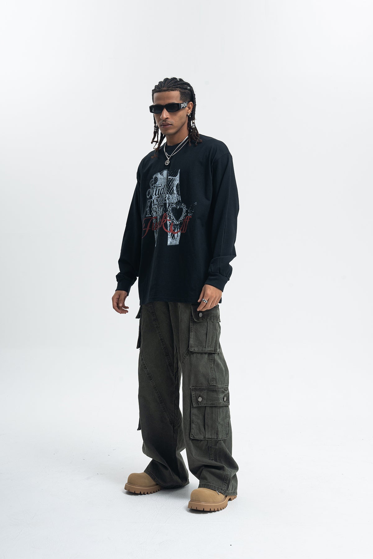 Fuck off slogan jumper pinup girl print top long sleeve retro grunge t-shirt in white